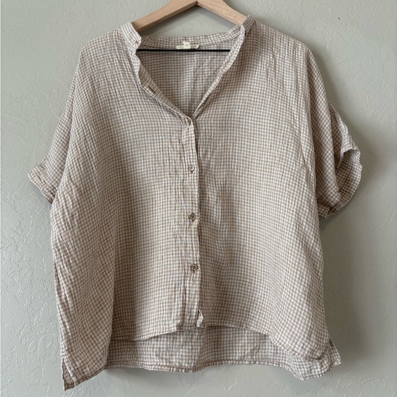 Eileen Fisher Organic Linen Tan Gingham Boxy Top Size Large - Picture 2 of 5